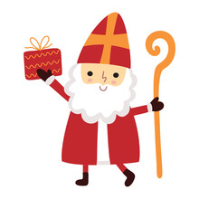 Cute Saint Nicholas Or Sinterklaas Character. Happy St Nicholas Day. Sweet Christmas St Nick Old Man Bishop