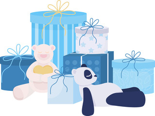 Poster - Gifts and presents for child semi flat color raster object. Full sized item on white. Blue boxes. Party arrangement simple cartoon style illustration for web graphic design and animation