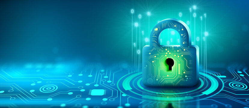 Wall Mural -  - Padlock with Keyhole in data security on Converging point of circuit. Cyber data and information privacy. Future technology security, Network protection, and Modern safety digital Concept. 3D render.