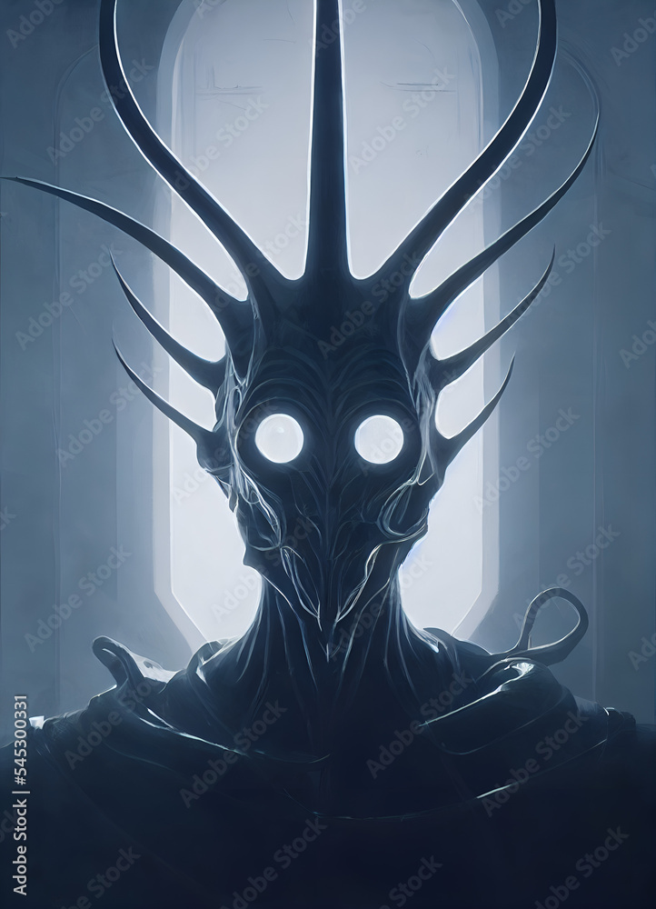 Portrait of scary alien with spiky tentacles on its head.