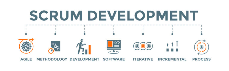 Scrum development banner web illustration with agile, methodology, development, software, iterative, incremental and process icon.