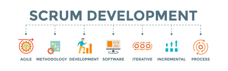 Scrum development banner web illustration with agile, methodology, development, software, iterative, incremental and process icon.
