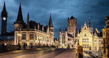 Ghent Old Town Skyline At Night, Belgium Travel Photo