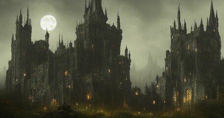 Wall Mural - Gothic Mid evil castle full moon garden