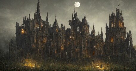 Wall Mural - Gothic Mid evil castle full moon garden