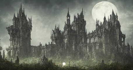 Wall Mural - Gothic Mid evil castle full moon garden