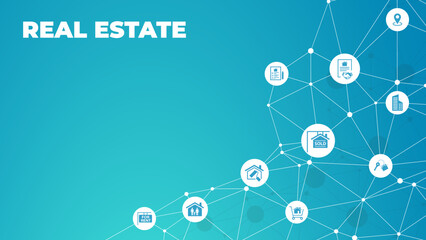 Real estate vector illustration. Concept with connected icons related to property sales and listings, realtor agency and contractor, residential property, investment, housing project