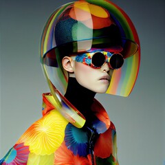 A transparent mannequin wearing a colorful hat and glasses, illustration generated with Artificial Intelligence