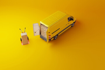 Wall Mural - Commercial delivery yellow van with cardboard boxes on yellow background. Delivery order service company transportation box business background with van truck. 3d rendering, 3d illustration.