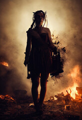 a beautiful woman warrior after a battle with zombies, fire, smoke, rubble,, ai art generated