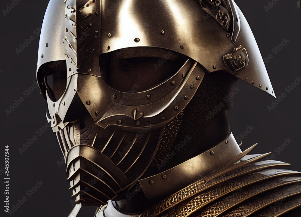 fierce medieval armored knight, engraved skeletal teeth on armored mask ...