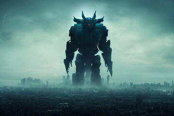 giant beast above city, giant kaiju, creature concept, kaiju, golem, sci-fi monster, movie frame, ai generated art