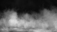 White Smoke Isolated On Black Background . Misty Fog Effect Texture Overlays For Text Or Space