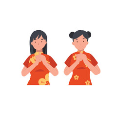 Wall Mural - Chinese New Year concept. Woman in chinese traditional dress doing salute. Flat vector cartoon character illustration