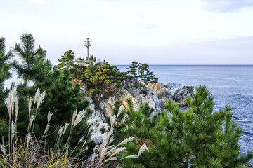 Beautiful rock and bolders on the seashore along the coastline 
