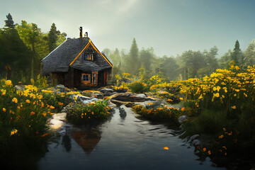 Painting style digital art of spectacular cottage in forest 3D illustration