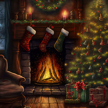 Christmas Tree With Fireplace,  AI Generated Illustration
