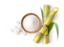 Flat Lay Of White Sugar With Fresh Sugar Cane Isolate On White Background.