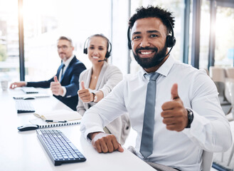 Poster - Thumbs up, call center staff and black man, success in the workplace, diversity and crm in customer service or telemarketing. Employee portrait, yes gesture and contact us, communication agreement.
