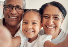 Phone Selfie Of Child, Grandparents Or Happy Family Bonding, Having Fun And Enjoy Quality Time Together At Home. Love, Smile And Photo Memory Portrait Of Grandmother, Grandfather And Young Kid Girl