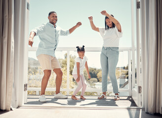 Family, dance and fun outside on house balcony for bonding, quality time and comic, joyful time. Comedy, funny and dancing, playful or silly mother and father dancer with their daughter