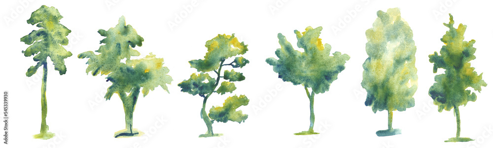 Set of hand drawn watercolor trees illustrations isolated on white ...