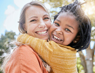 Mom, child and interracial hug in park with smile, trees and sunshine in summer together for bonding. Mother, happy black child and outdoor embrace with love, care and diversity for happy family