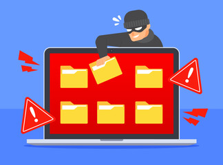 Fototapete - Hacker stealing document folder icon from laptop screen. System warning alert to cyber threat or cybercrime concept. Data breach or file hacking. Flat cartoon vector icon. Technology illustration.