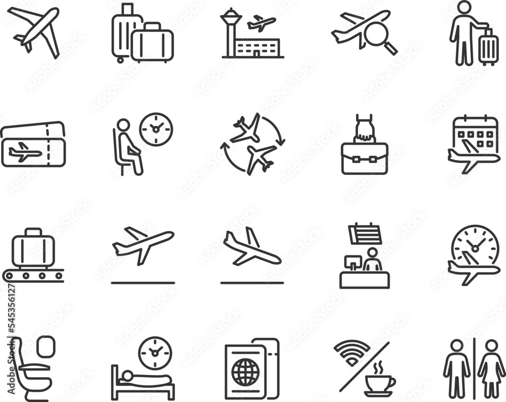 Vector set of airport line icons. Contains icons baggage, departure ...