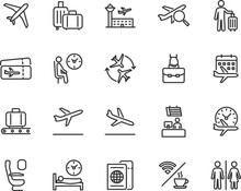 Vector Set Of Airport Line Icons. Contains Icons Baggage, Departure, Boarding, Plane Ticket, Hand Luggage, Waiting Room, Transfer, Check-in Desk And More. Pixel Perfect.