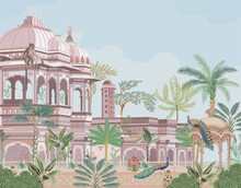Traditional South Indian Temple Complex Garden With Peacock Vector Illustration Pattern