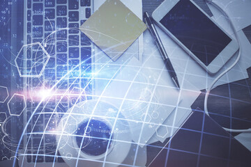 Poster - Double exposure of map hologram drawing over study table background with computer. Concept of international network. Top view.
