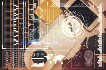 Aufkleber - Double exposure of data drawing hologram over topview of study desk background with computer. Concept of Ai.