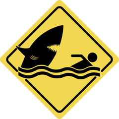 Yellow rectangle shark attack beach safety warning sign label, wild shark bite caution