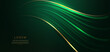 Abstract 3d gold curved green ribbon on dark green background with lighting effect and sparkle with copy space for text.