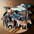 Safari landscape with animals. Multidimensional paper art. 3D illustration