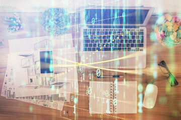 Poster - Double exposure of data theme drawing hologram over topview work table background with computer. Concept of technology.