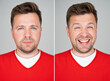 Mature man in red clothes. Two photos with correct emotion and not.