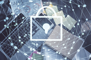 Poster - Double exposure of lock hologram drawing over study table background with computer. Concept of data security. Top view.