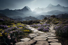 A Path Leading Up To Beautiful Mountain Ice With Purple Flowers Background. 3D Illustration