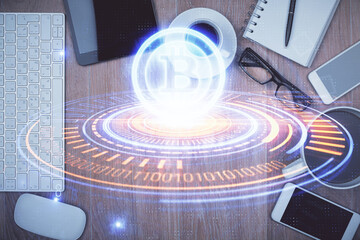 Poster - Double exposure of blockchain theme hologram over table with phone. Top view. Crypto technology concept.