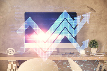 Poster - Double exposure of grow arrows and office interior background. Concept of Growth.