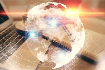 Poster - Double exposure of business theme drawing and desktop with coffee and items on table background. Concept of market trading