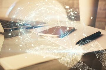 Poster - Double exposure of social network theme drawing and cell phone background. Concept of people connection over the world