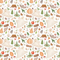 Watercolor seamless pattern with halloween elements, pumpkin, ghost, mushrooms, bat, branch, apple on white background