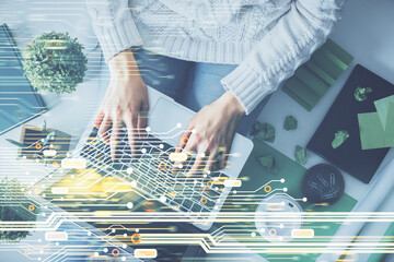 Poster - Double exposure of woman hands working on computer and data theme hologram drawing. Top View. Technology concept.