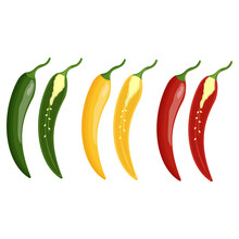 Set Of Red, Yellow And Green Chili Peppers Isolated On White Background. Flat Vector Illustration