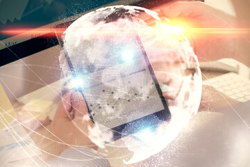 Poster - Double exposure of man's hands holding and using a phone and international business theme drawing.