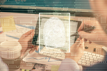 Aufkleber - Double exposure of man's hands holding and using a digital device and fingerprint hologram drawing. Security concept.