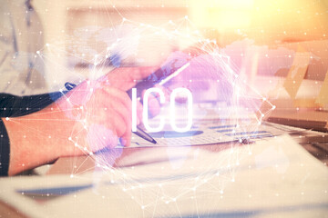 Aufkleber - Double exposure of man's hands holding and using a phone and crypto currency blockchain theme drawing.